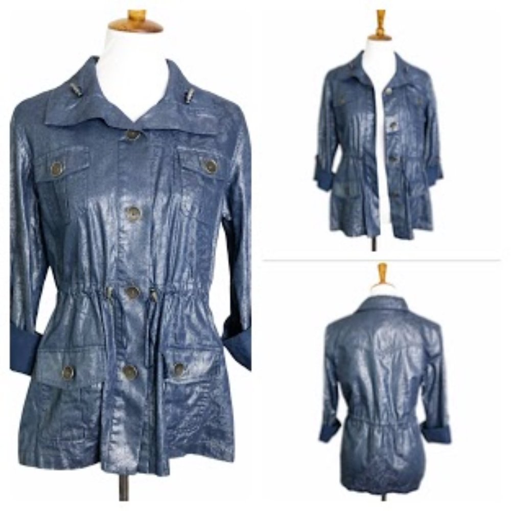 CHICO's Anorak Utility Metallic Blue Chambray Jacket Women's Size 1 (8/1…